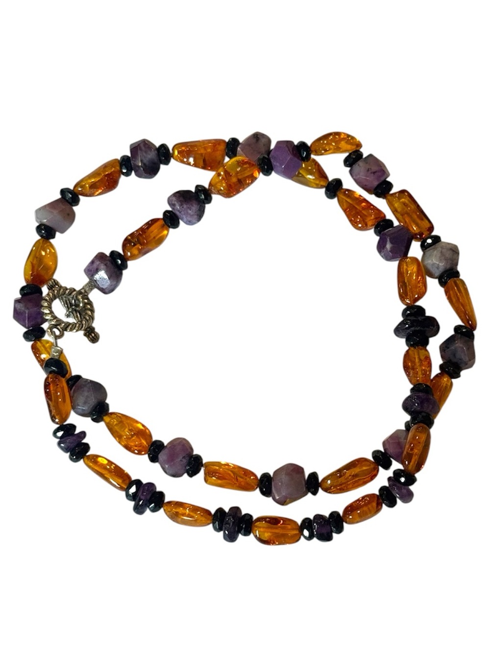 Halloween Amber Stones Purple Amethyst  and Black Beaded Necklace Artisan